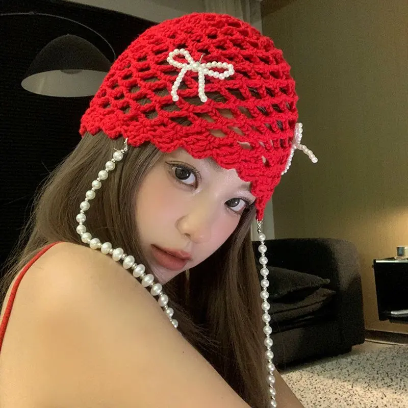 Korean Designer Yegg Pearl Bow Red Hollow Knitted Hat Female Sweet Cool Style Tassel Personalized Bag Cap