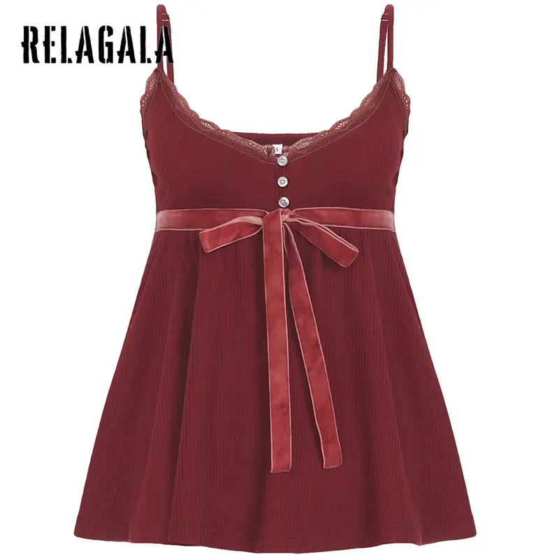 RelaGala Women's 2025 New Casual Fashion Sweet Y2K Lace Suspender Bow Top