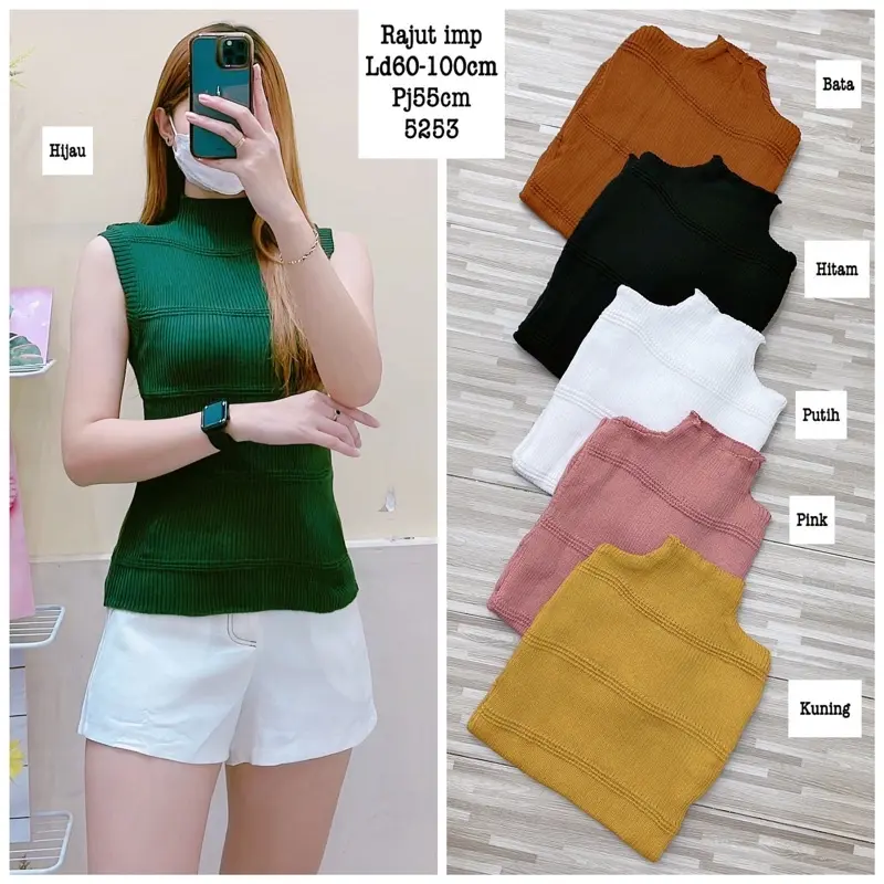 COD- Turtleneck Wanita Tanktop Rajut Impor Tank Top Blouse Korean Motif 3 Garis 0