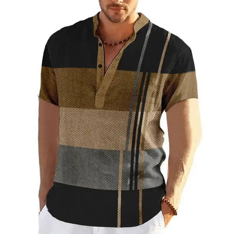 Color Block Striped 3D Print Henley Shirts Men's Fashion Vintage Button Stand Collar Short Sleeve T Shirt Tees Tops Man Clothing Menswear Polo Lingerie Casual