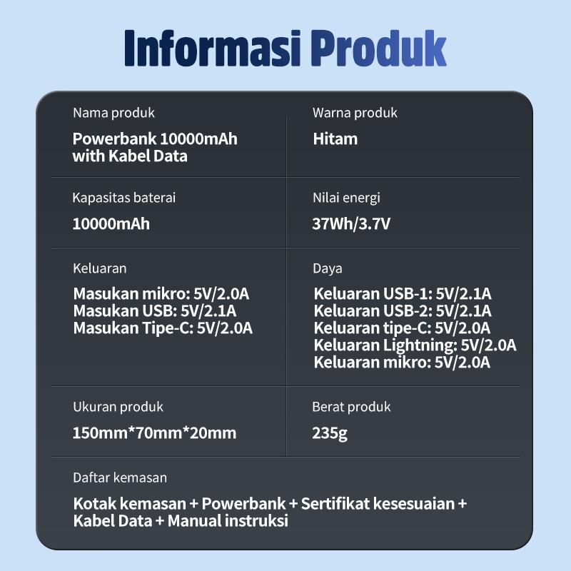 KIVEE Powerbank Fast Charging 20000 mAH 10000 mAh dengan Kabel Data Tipe C /Micro USB/Lightning USB Tampilan Daya Digital Flashlight Ganda Tiga masukan & lima keluaran Pengisian Daya Cepat 9