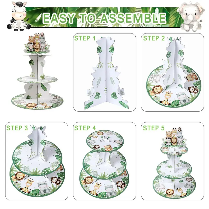Cartoon Jungle Animal & Plant Pattern Cake Stand, 1 Count Round Cake Display Stand, Cake Decorating Supplies for Home Party Wedding 4
