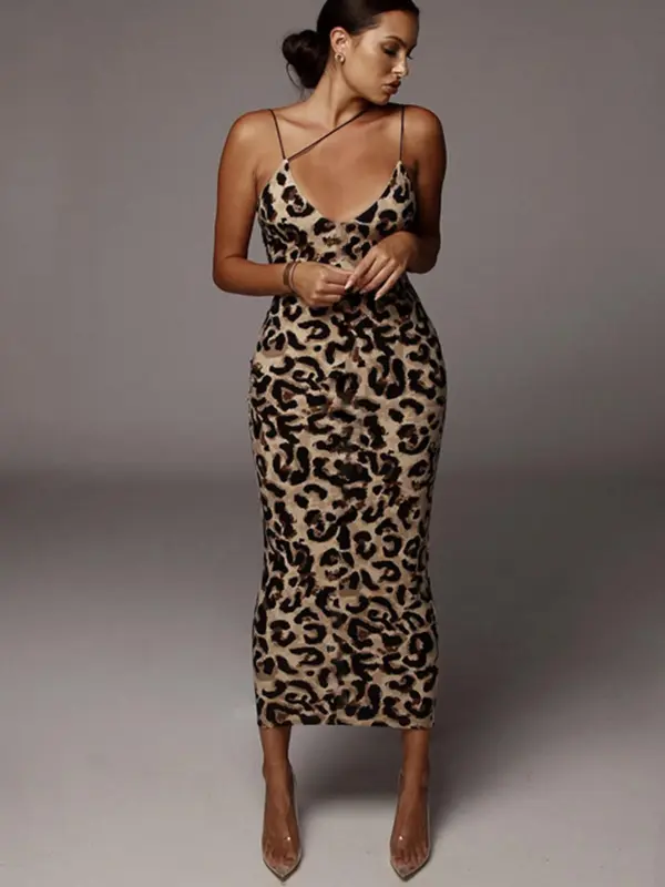Women's All Over Leopard Print Asymmetrical Cami Dress, Elegant Sleeveless Spaghetti Strap Bodycon Dress for Party Club Night Out, Fashion Sundress, Ladies Summer Clothes, Vacation Dresses 0
