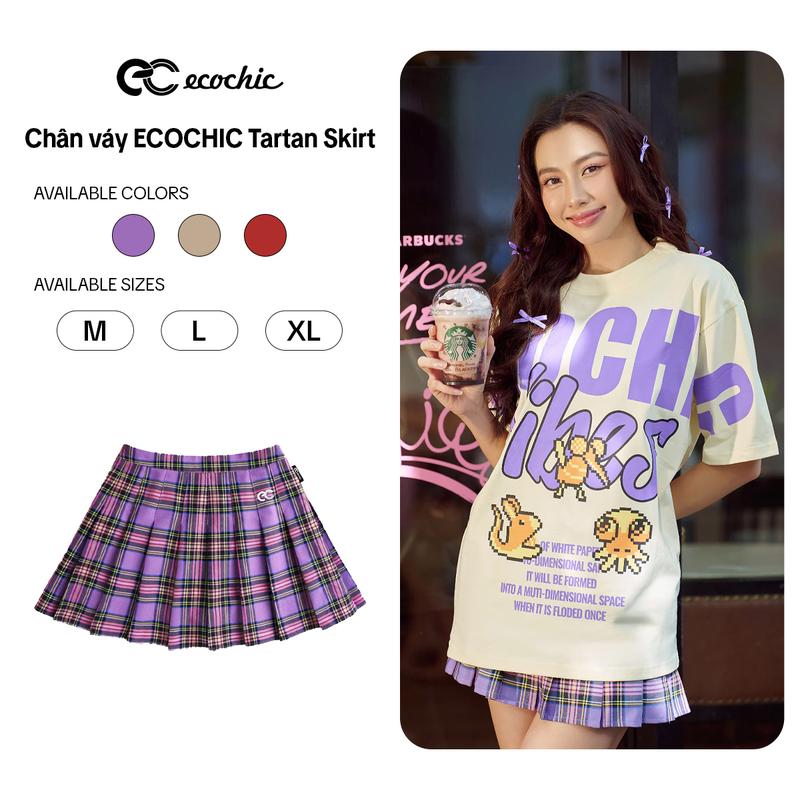 Chân Váy Xếp Li Ngắn Dáng Xoè ECOCHIC TARTAN SKIRT F135 Có Lớp Lót Trong Hoạ Tiết Thổ Cẩm Tím Đỏ Ghi