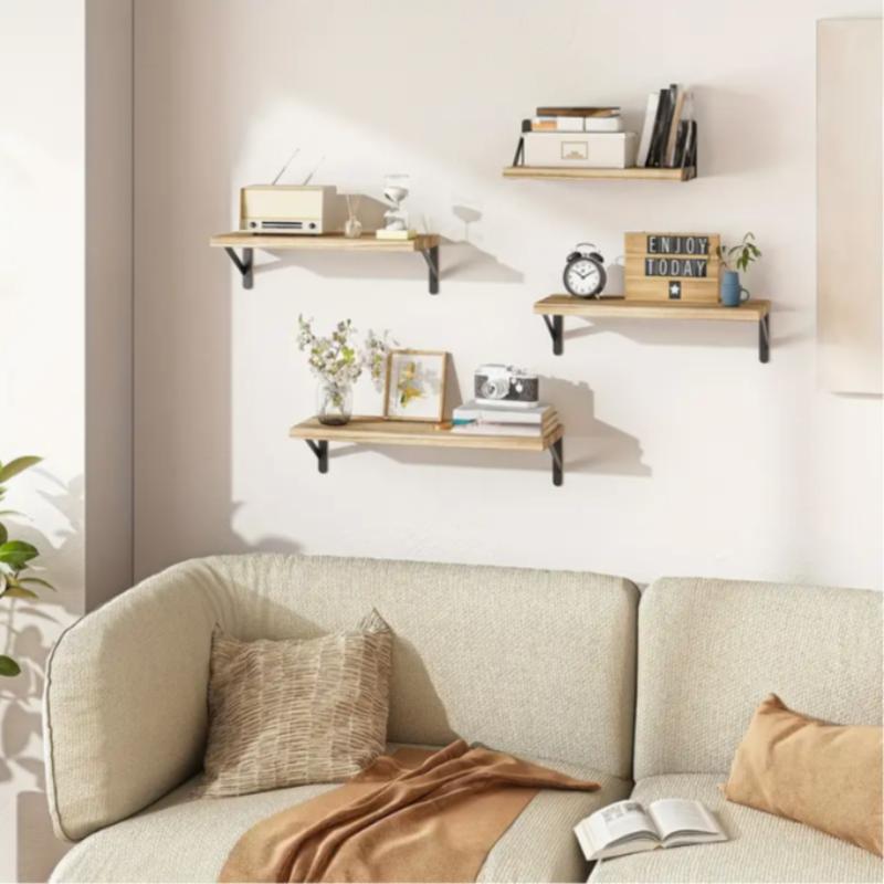 Product Introduction of Wooden Wall Mounted Shelf, 4 Counts/set Wall Mounted Storage Rack, Floating Shelf for Bathroom Bedroom Living Room Kitchen Office 4