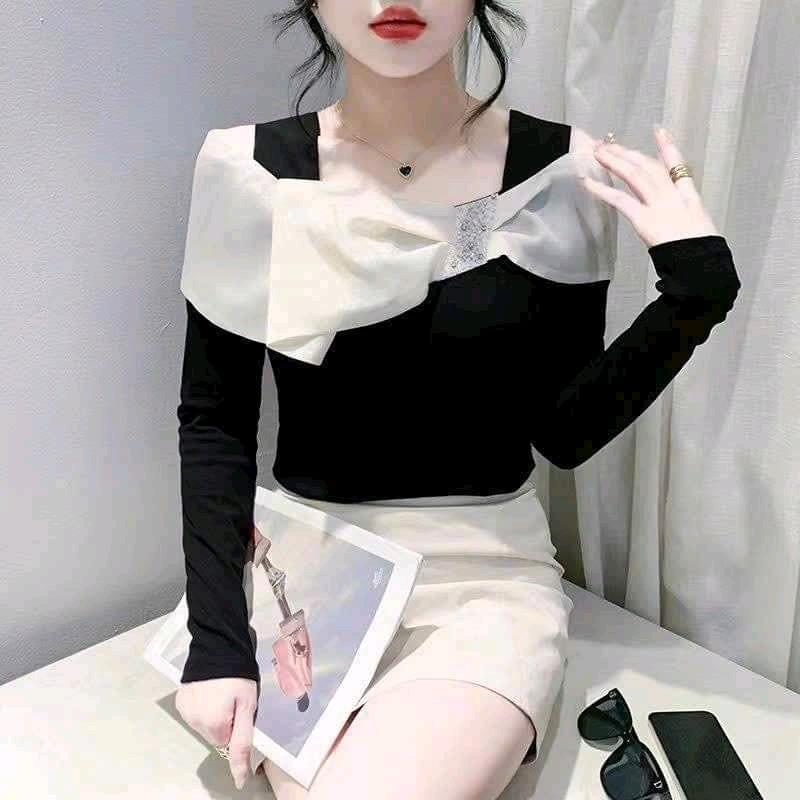 Áo thun khoét vai đính nơ dài tay cotton thu đông đẹp