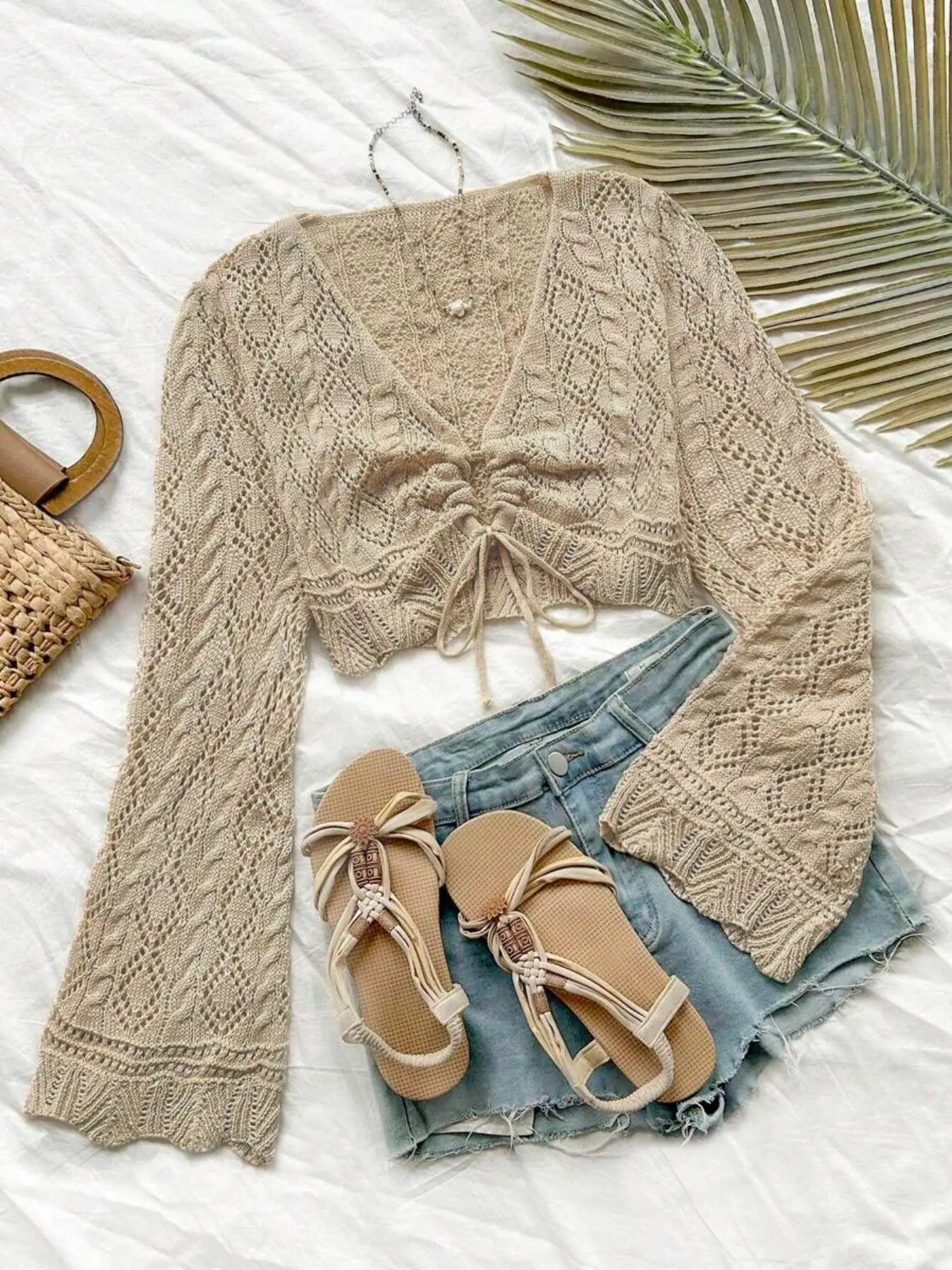 Women's Plain Hollow Out Drawstring V Neck Long Sleeve Sweater, Casual Long Sleeve Crop Jumper for Spring & Fall, Fashion Women's Knitwear for Daily Wear