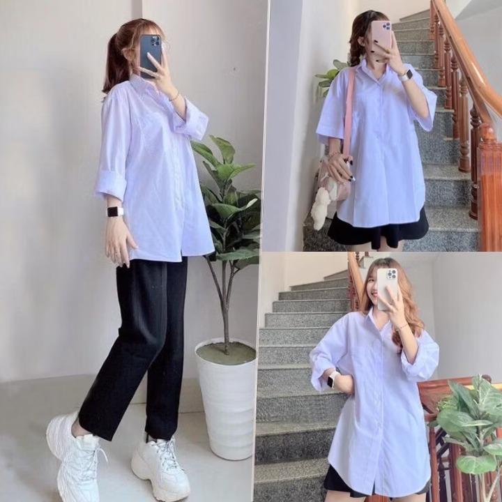 Áo sơ mi học sinh FORM RỘNG, TRẮNG XANH NHẸ, MỎNG VỪA GIÁ RẺ BÌNH DÂN Nữ Women Shirt Top 6