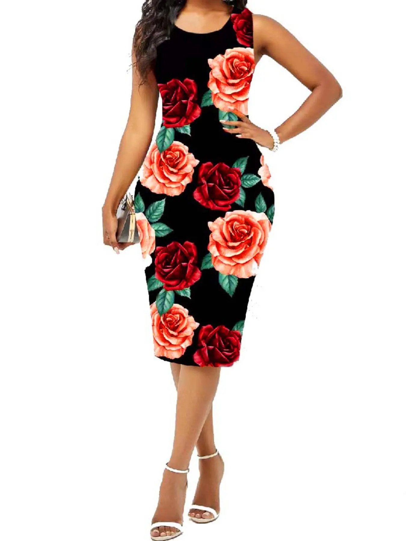 Women's Floral Pattern Bodycon Dress, Elegant Sleeveless Zipper Dress for Party Holiday Wedding Guest, Ladies Spring & Fall Clothes