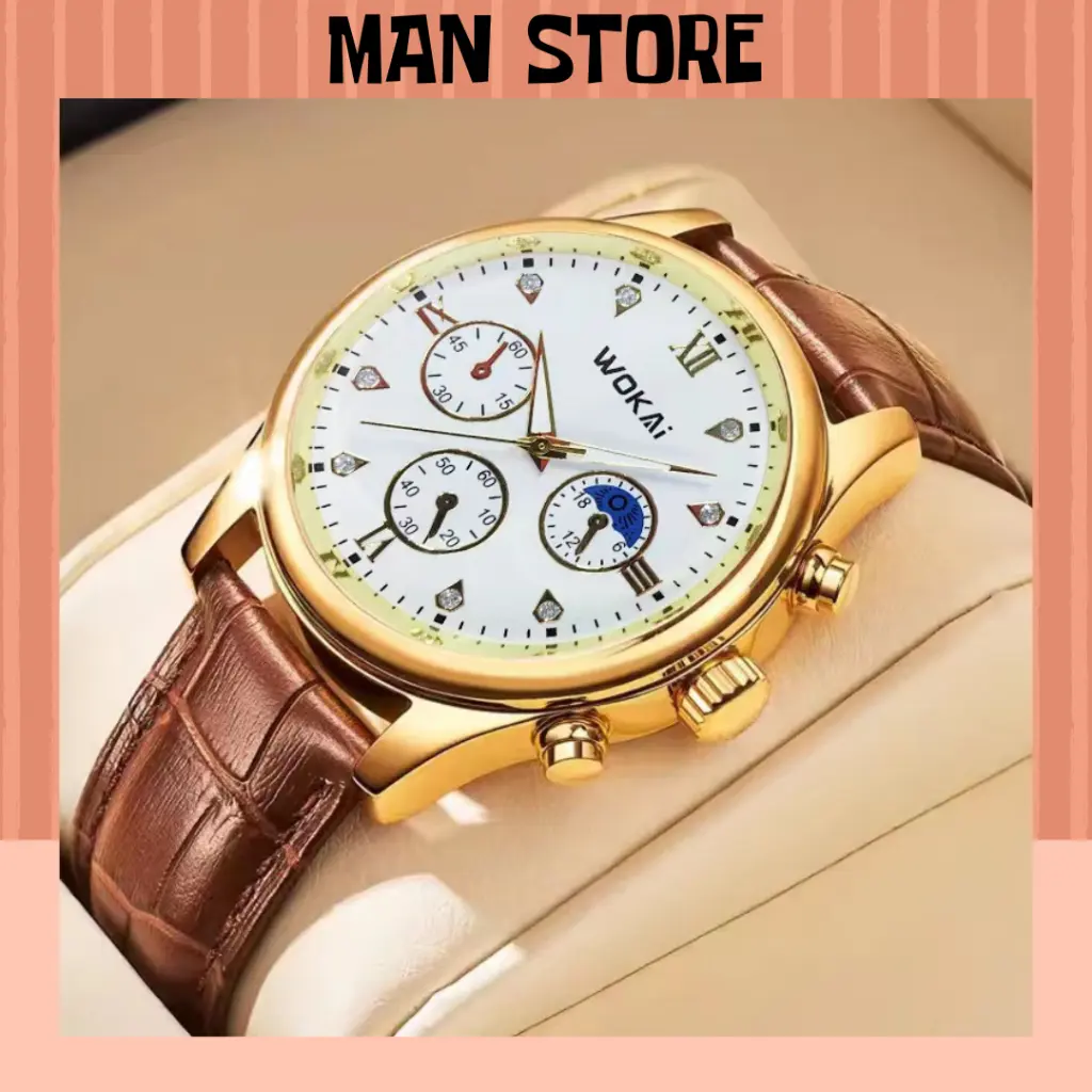 Đồng hồ đeo tay nam W3-01 dây da viền vàng mặt trắng lịch lãm sang trọng lịch sự