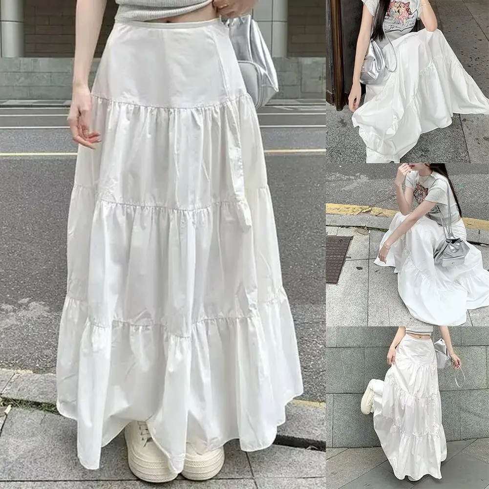 Women Pleated Cake A-Line Boho Long Skirts Fashion Flowy Tiered Maxi Longuette Clothing Flat