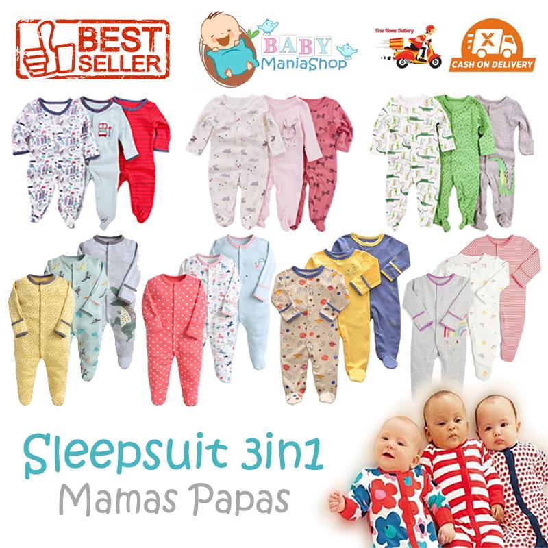 SLEEPSUIT Mamas Papas 3in1 PREMIUM QUALITY Sleepsuit Bayi Pajamas Tutup Kaki Baju Tidur Bayi Jumpsuit Mama Papa Baju Bayi Katun Halus Lengan Panjang Kaki Panjang Romper Panjang Ballerina D