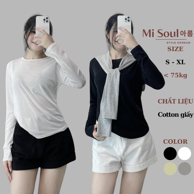 Áo Thun Cotton Giấy Dài Tay Cổ Tròn Dáng Ôm BigSize MiSoul, Áo Thun Giấy 325 Nữ Top Shirt Women