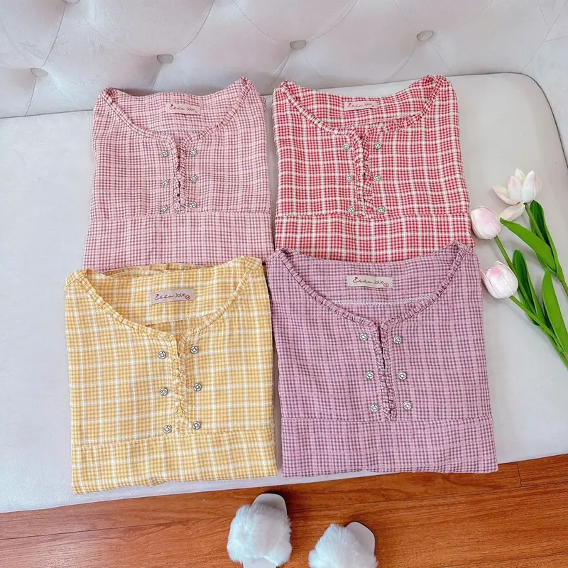 Bộ mặc nhà 6 khuy cổ nhún bèo xinh chất thô kẻ lông mềm. 3