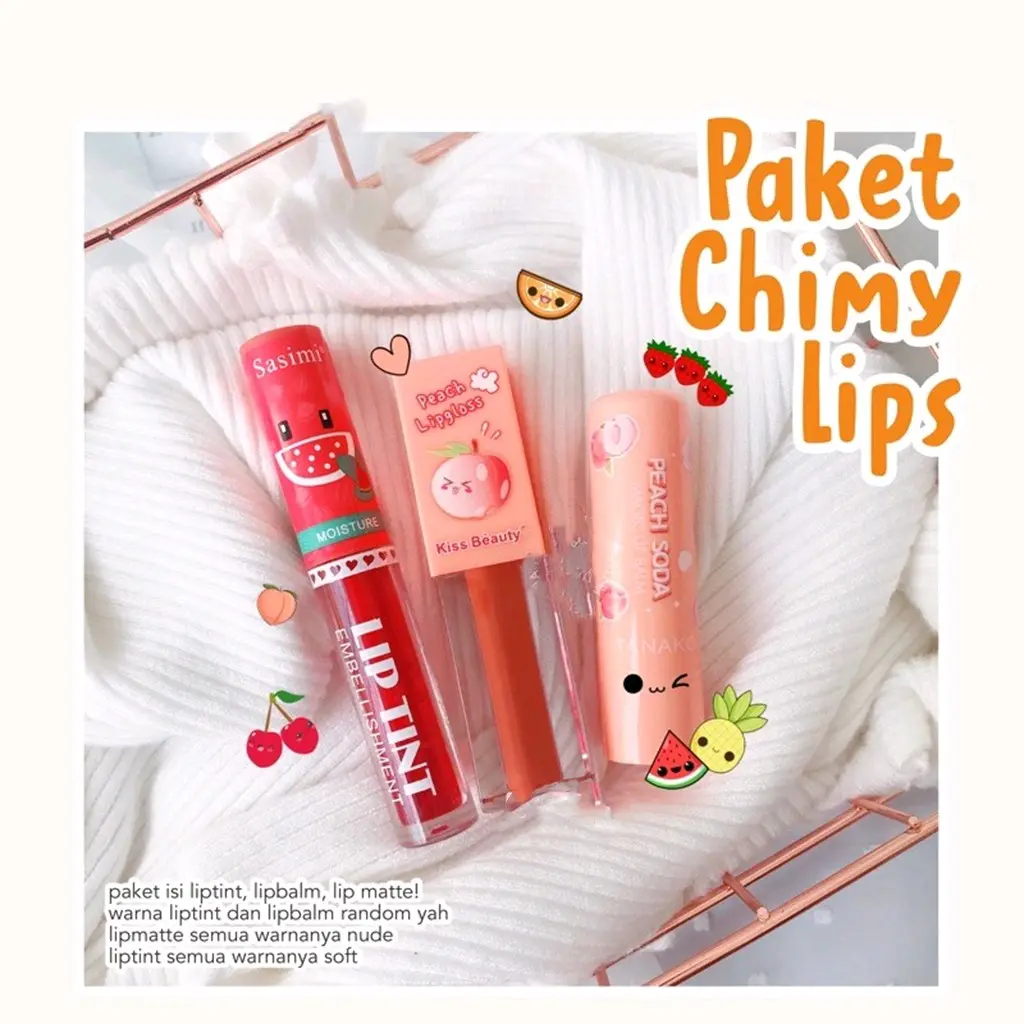 PAKET CHIMY LIPSTIK+LIPBALM+LIP TINT 3IN1 PEACH LIPGLOSS LIPTINT LIPCREAM Gloss Lipstick Lipstik Bibir Girl Liquid