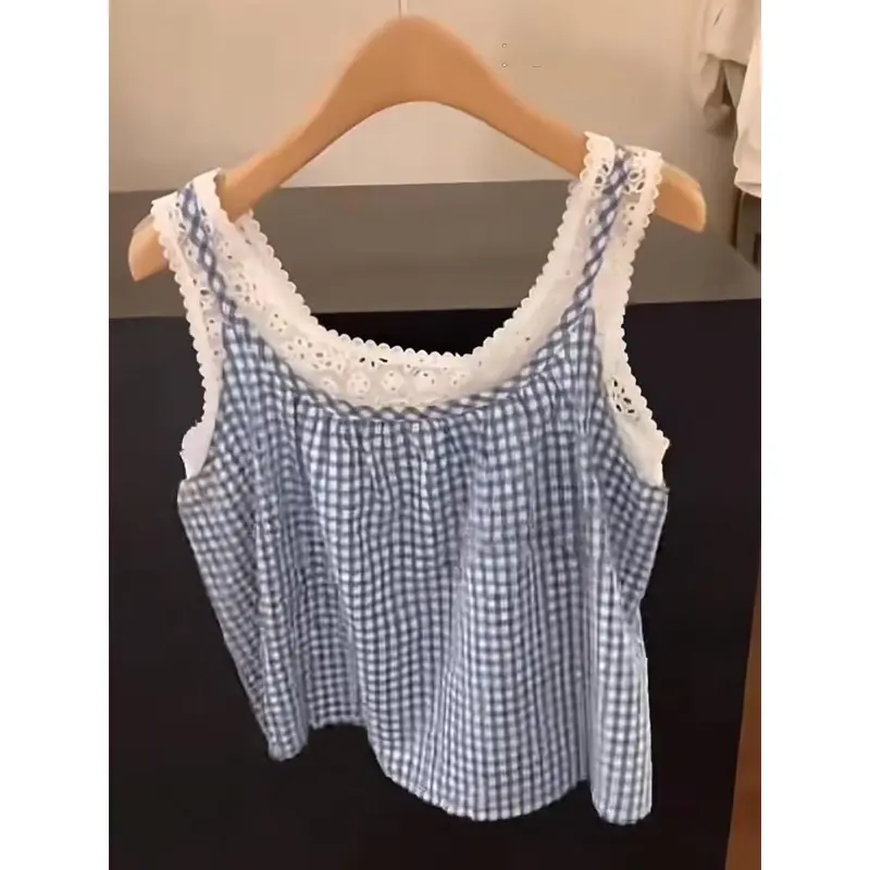 Áo Vest Kẻ Sọc, Phong Cách Pháp, Thiết Kế Kẻ Sọc Tươi Mới Buộc Dây, Khâu Ngọt Ngào, Dễ Phối Đồ, Dáng Rộng Vừa Vặn, Hai Mảnh Giả, Có Dây Đeo 1