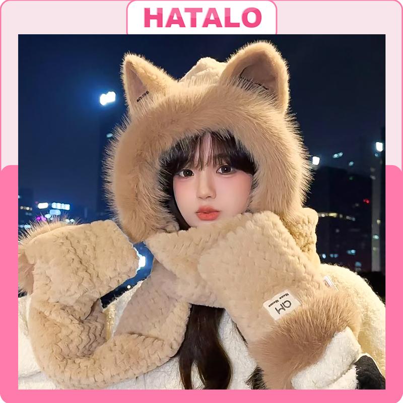 Mũ len nữ cute thời trang hàn quốc tai mèo trùm đầu mùa đông Nón len beanie liền khăn và bao tay dễ thương sang chảnh mũ len