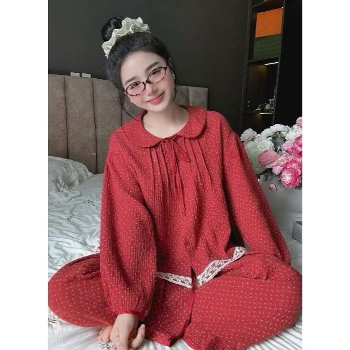 Bộ Mặc Nhà Cổ Sen Vạt ren hoa nhí Đỏ chất Vân mây mềm đẹp xinh xắn cho Nữ DD314 Sammy - Áo Ngủ Nữ - Pijama, Quần Ngủ, Women