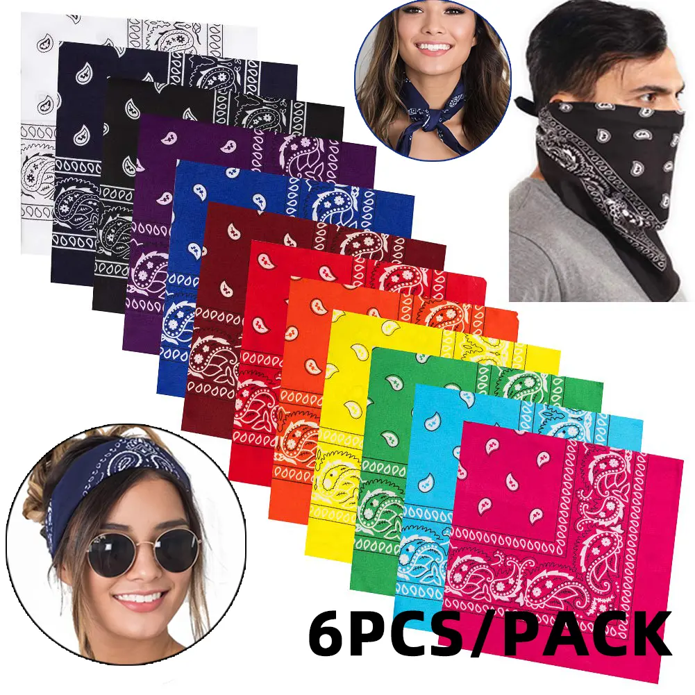 6PCS/PACK Headscarf Fashion Unisex Bandana Cotton Hip Hop Neck Scarf Band Rock Print Wrist Wrap Cool Summer