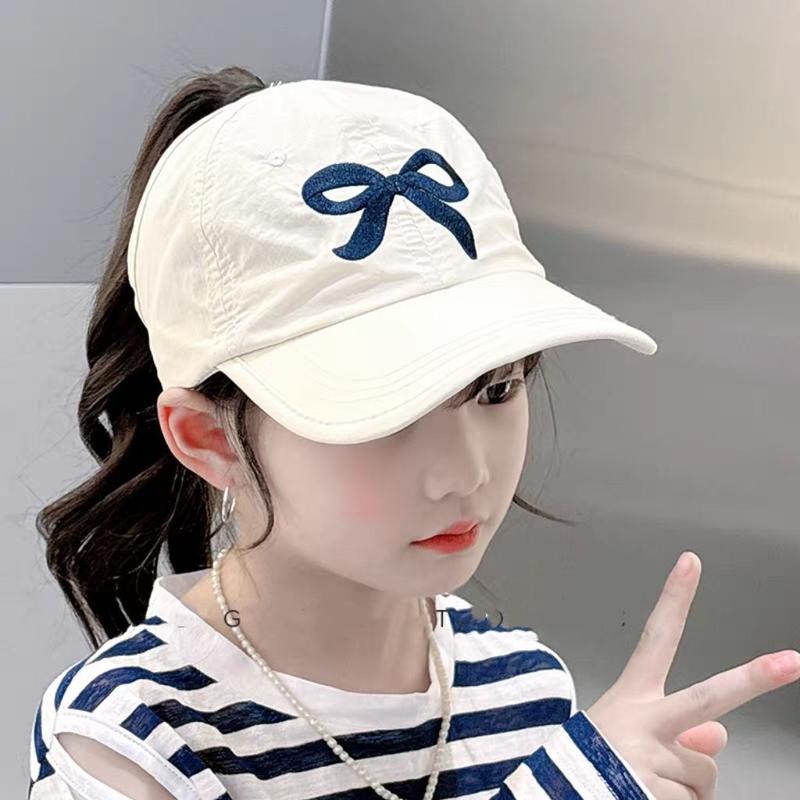 Product Introduction of Children's Hat Summer New Girls' Sun Protection Back Visor Peaked Cap Bow Tie Ponytail Sun Protection Baseball Cap 3