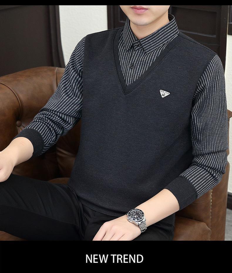 Product Introduction of 2024 Winter Fleece-lined Thickened Integral Velvet Sweater Men's False Two Pieces Knitted Sweater Youth Pu Handsome Men's Shirt Nam Slipper 16