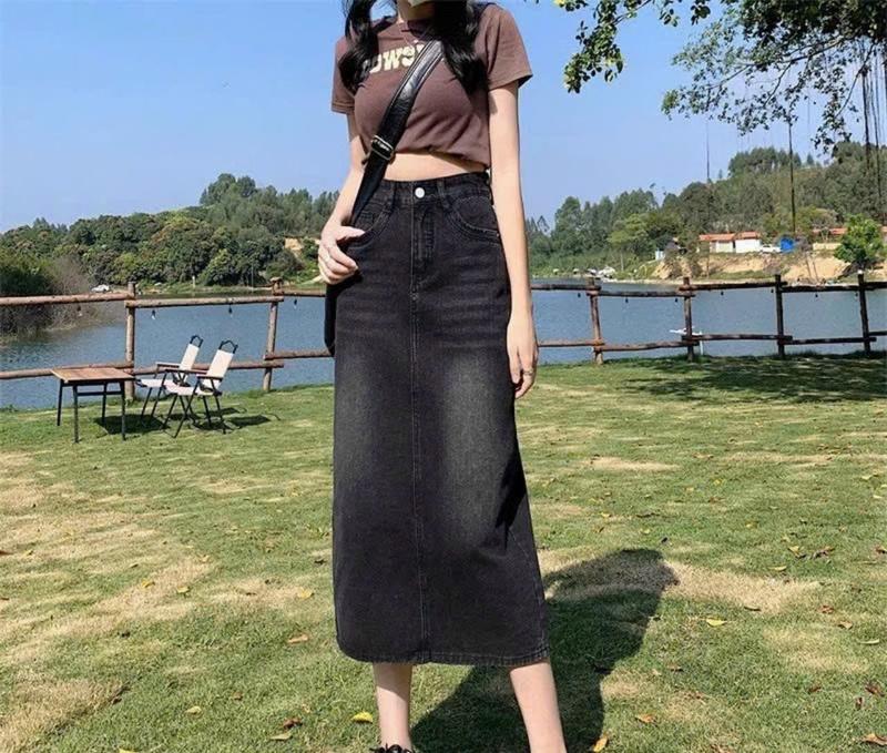 [Bigsize 54-90kg] Chân Váy Jeans  Nữ Phom Chữ A Siêu Dài 80cm Xẻ Sau Không Giãn Màu Xám Was 0092 Demin Cotton Pants Women