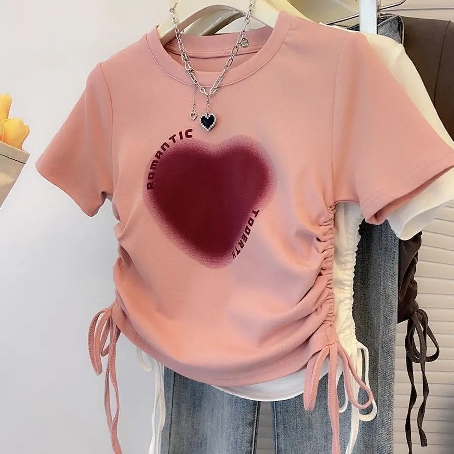 Áo Nữ Ngắn Hình Trái Tim, Phong Cách Cổ Điển Mỹ Trang Phục Hở Eo Dễ Thương Và Gợi Cảm, ngắn Tay In Hình, Vai Dây Rút Độc Đáo, Thích Hợp Cho Mùa Hè, Hàng Mới Về