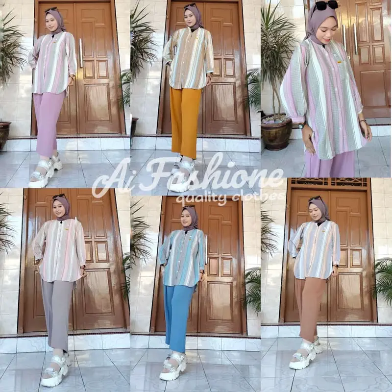 One set wanita terviral bahan airflow motif setelan hijaber kekinian ootd  2023 Cokelat Kombinasi 4