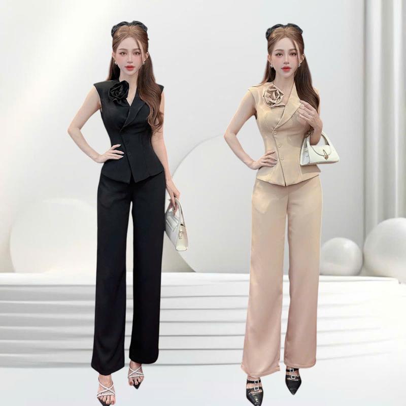 Quần dài 102cm Set đồ nữ thiết kế CRAZYTEEN S5562 dành cho nữ gồm áo kiểu cổ hoa và quần suông để đi chơi Áo vest cổ hoa Quần suông Women Top Jacket Kem Đen Voi