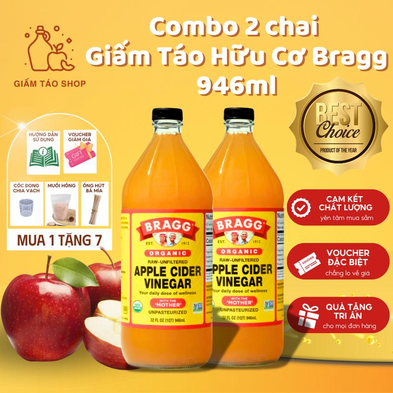 Giấm Táo Shop | Combo 2 chai Giấm táo hữu cơ Bragg (Mỹ) 946ml | Tặng Ly đong + Muối hồng + Ống hút + Hướng dẫn sử dụng