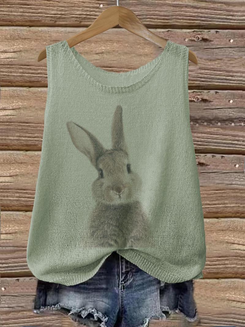 Product Introduction of Women's Cartoon Bunny Print Round Neck Sweater Vest, Casual Sleeveless Knit Top for Summer, Fashion Women's Knitwear for Daily Wear, Sweaters for Women 4