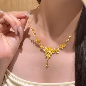 สร้อยคอ Sanshenghua, ดอกไม้บาน, ดอกไม้เทศกาลพระจันทร์และดวงจันทร์, เหมาะสำหรับงานแต่งงานและงานหมั้น, สร้อยคอทอง, เครื่องประดับ