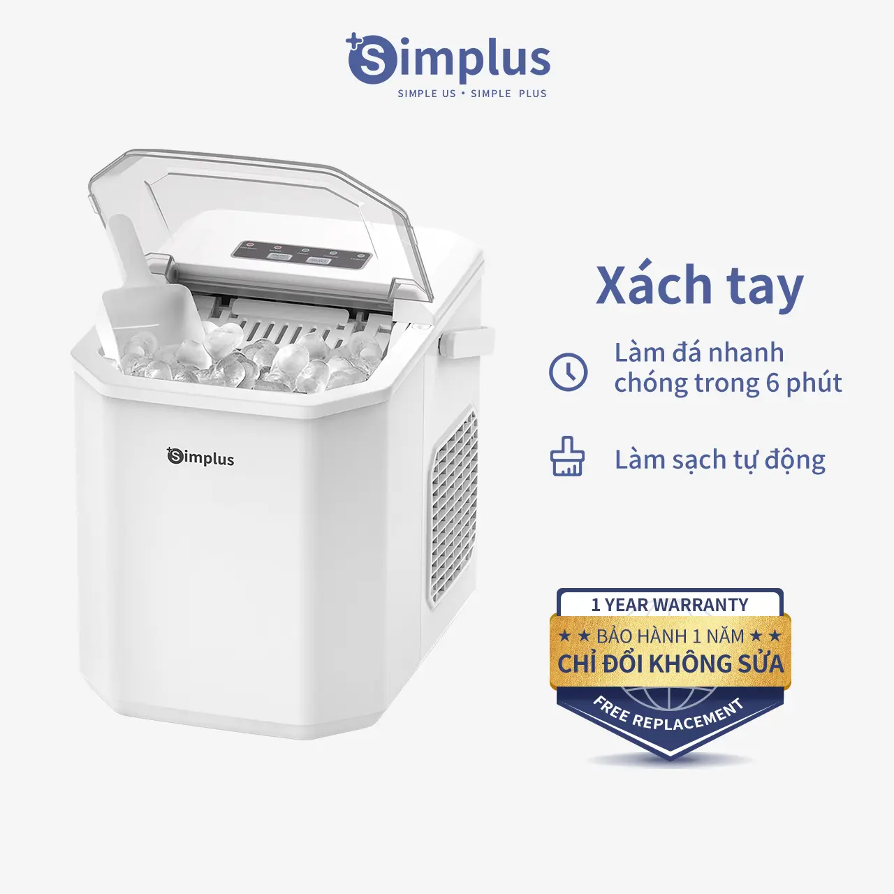 SimplusHome Máy Làm Đá Simplus Dung Tích 1.3L ZBJH001, Giữ Lạnh Lâu, Chức Năng Tự Làm Sạch, Bảo Hành 1 Năm Chỉ Đổi Không Sửa