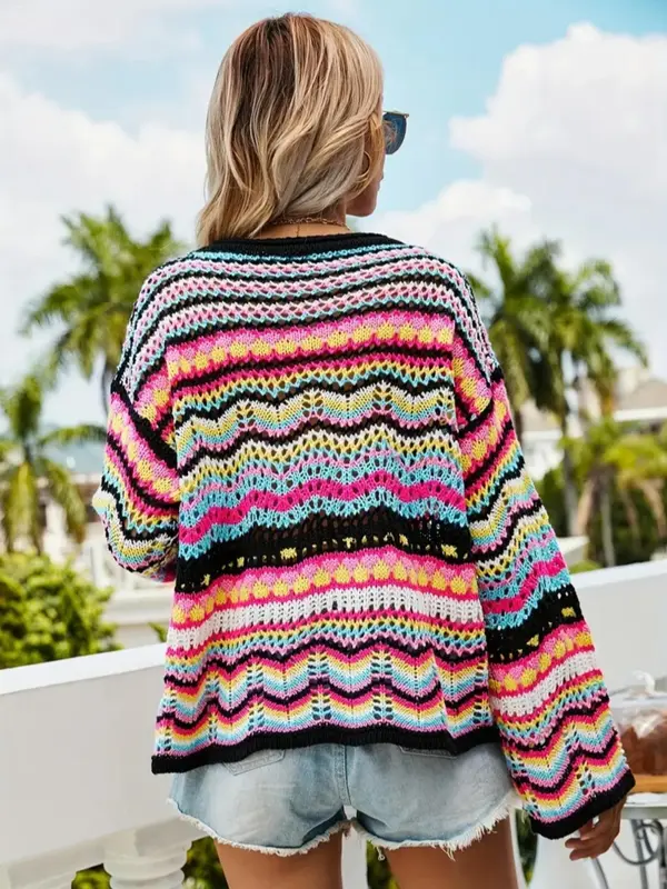 Women's Colorful Striped Print Hollow Out Drop Shoulder Sweater, Chic Elegance Casual Breathable Long Sleeve Round Neck Pullover Jumper for Spring & Fall, Sweater for Women, Sweaters for Women, Fashion Women's Knitwear for Daily Wear 1