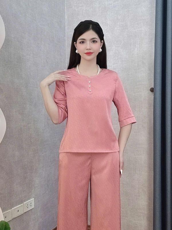 Đồ bộ trung niên BB44  Loudra shop, Đồ bộ cho mẹ, bà quần dài áo tay lỡ chất lụa MANGO mềm mịn thoáng mát, thấm hút mồ hôi Top Nữ Hồng