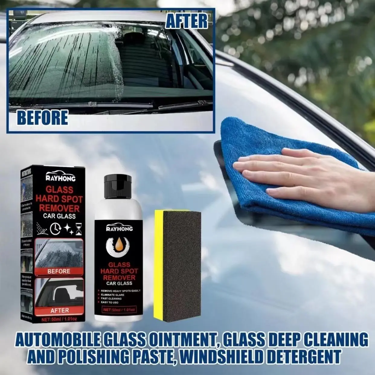 Car Glass Polishing Scratch Repair Polishing and Cleaning Car glass cleaner Acid rain remover water marks with sponge Windshield cleaner Buffing wax for car Rubbing compound for cars Windshield Cleaner