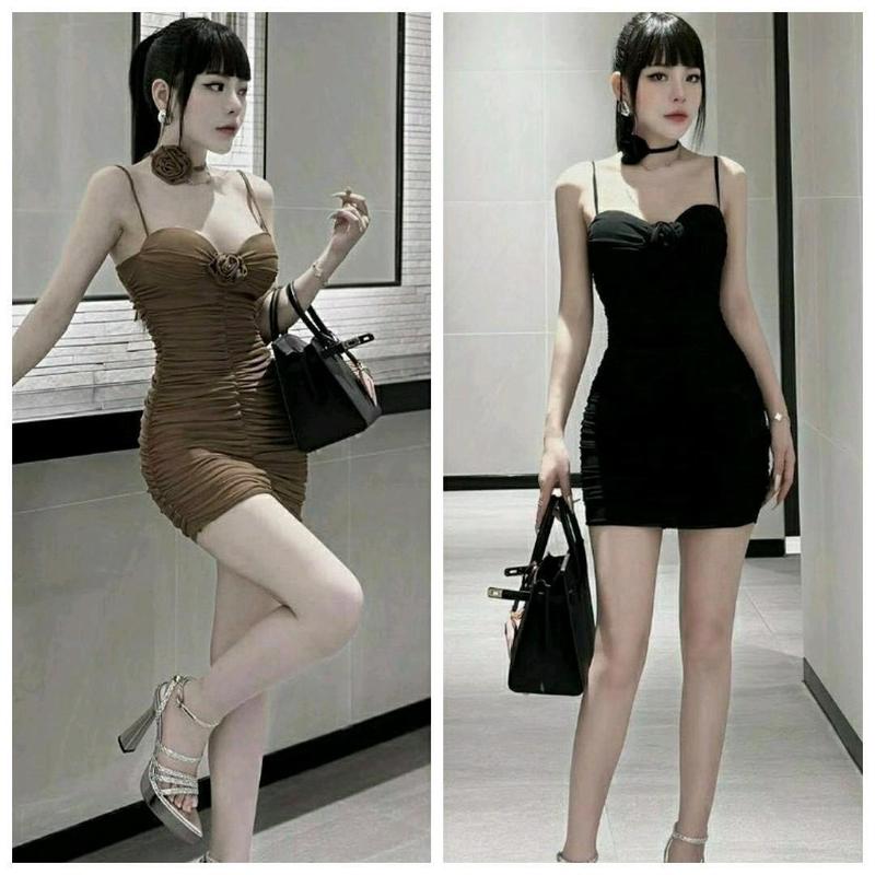 Đầm body đầm hai dây phối hoa dự tiệc sang trọng CÓ MÚT Đ216 Women KÈM DÂY HOA Thun