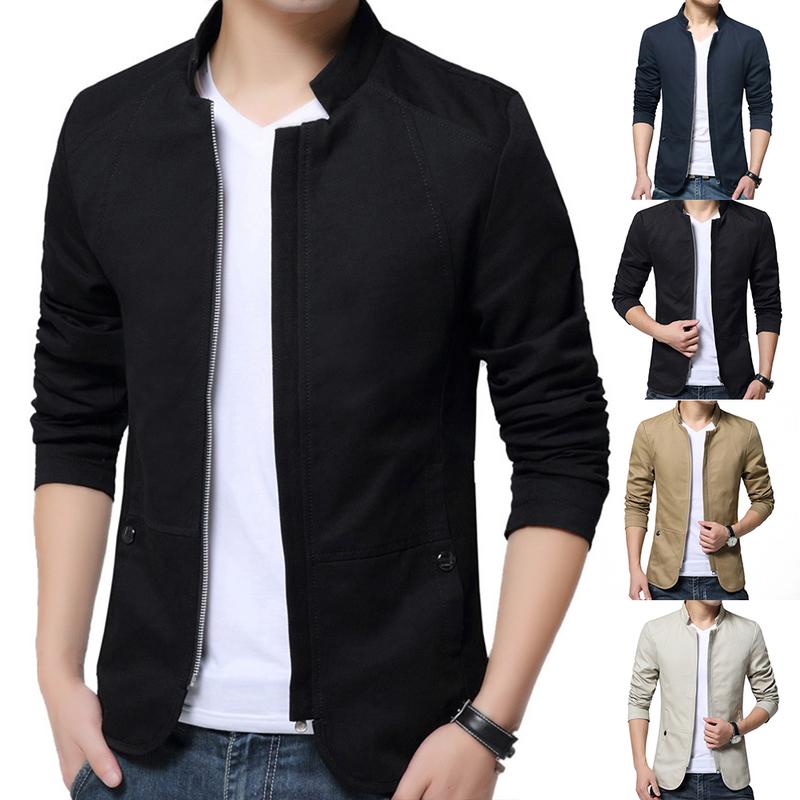 Casual Men Autumn Solid Color Stand Collar Zipper Pockets Thin Slim Blazer Coat 2