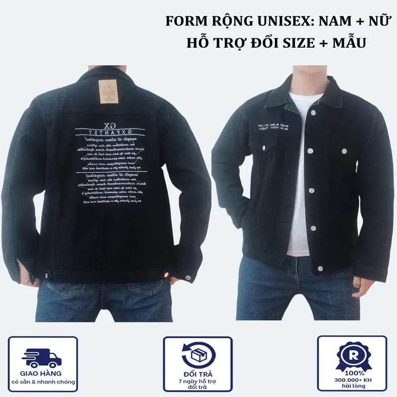 Áo khoác JEANS nam nữ màu Đen kiểu IN chữ AJ007, vải Denim dày co dãn không ra Màu Menswear Jacket Có Túi Có Cổ 6