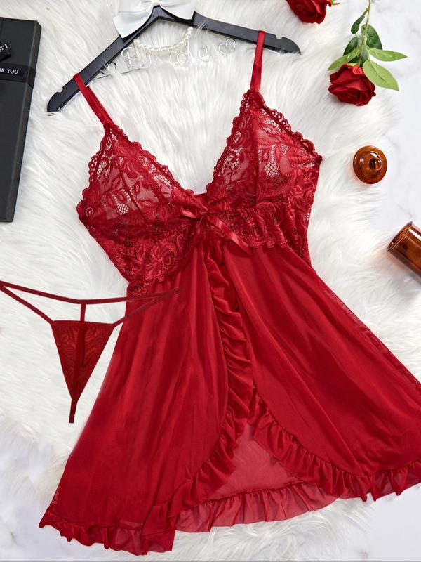Women's Solid Color Floral Lace Bow Decor Deep V Neck Sheer Mesh Cami Nightdress & Thong, Romantic Comfortable Breathable Adjustable Spaghetti Strap Backless Ruffle Hem Nightdress & Thong Set for Daily Wear, Women Sexy Lingeries & Costumes 6
