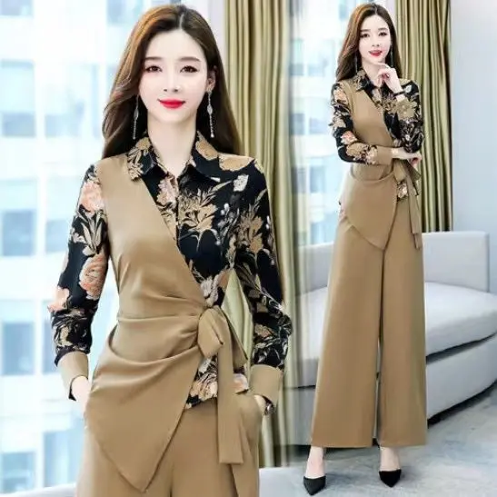 Ready Stock Fashion Suit Women's Two-Piece Large Size Single/Suit Year Age-Reducing Fashionable Temperament Hong Kong Style Wide-Leg Pants Women Korea