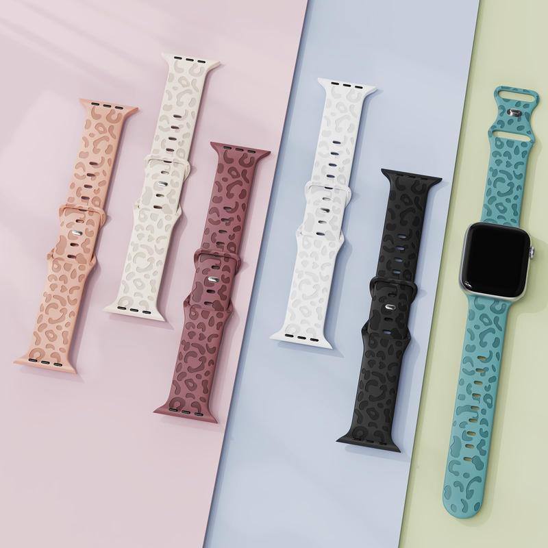 Leopard-Pattern Watch Band for Apple Watch, Waterproof Cheetah Sports Silicone Wristband, Trendy Matching Watchband for iWatch Series for Fitness Watches, Smart Watch Straps, Smartwatch Strap, Black 5