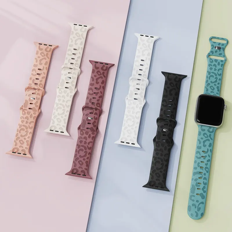Leopard-Pattern Watch Band for Apple Watch, Waterproof Cheetah Sports Silicone Wristband, Trendy Matching Watchband for iWatch Series for Fitness Watches, Smart Watch Straps, Smartwatch Strap, Black, Funny Gift 5
