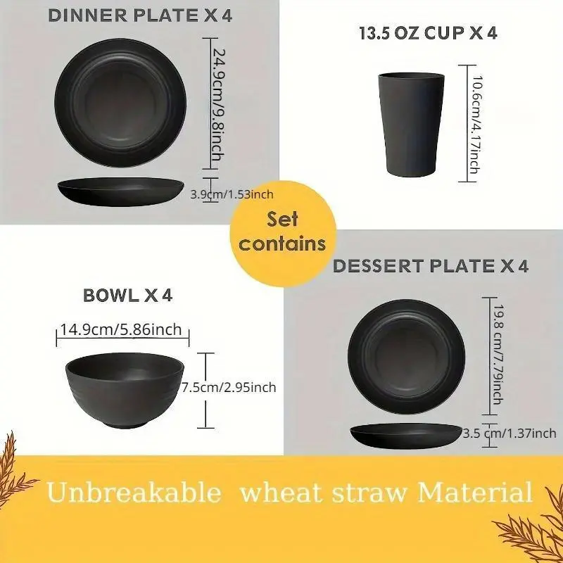 16pcs/set Wheat Straw Dinnerware Set, Including 4pcs Bowl, 4pcs Dinner Plate, 4pcs Cup, 4pcs Dessert Plate For 4 People, Cutlery Set For Home Kitchen Dining Room 2