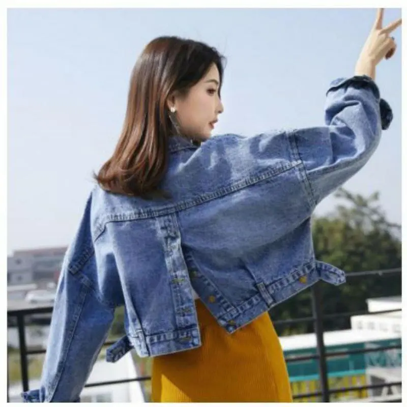 Jaket jeans crop wanita model belakang kancing senuw Denim Panjang