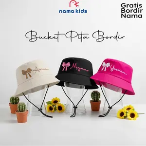 Topi Bucket Custom Nama Anak Topi Anak Bordir Karakter/Bucket Anak Bayi Bordir Pita Nama/Topi Anak Perempuan Lucu Bordir Nama