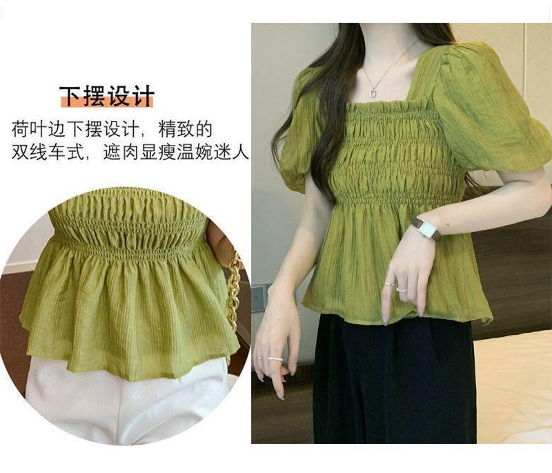 Product Introduction of Áo Voan, Cổ Vuông Phong Cách Pháp, ngắn Tay, Hàng Mới Về Mùa Hè 2025, Tay Phồng Duyên Dáng Áo Ngắn, Áo Cánh Dáng Rộng Vừa Vặn, Dành Cho Nữ 23