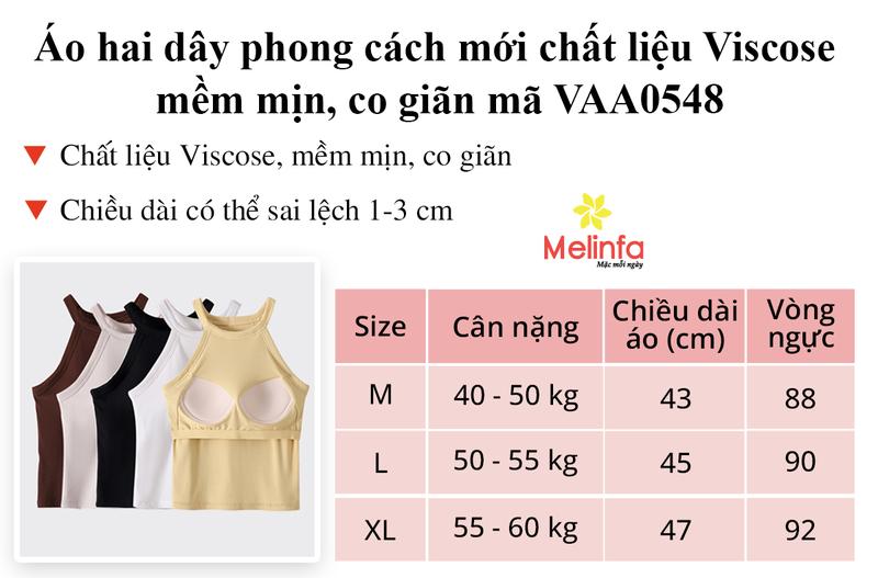 Product Introduction of Áo hai dây cổ yếm có đệm nâng đỡ vải Viscose tự nhiên mềm mại, thoáng mát, phù hợp mặc nhà và tập gym, mã VAA0548. 0