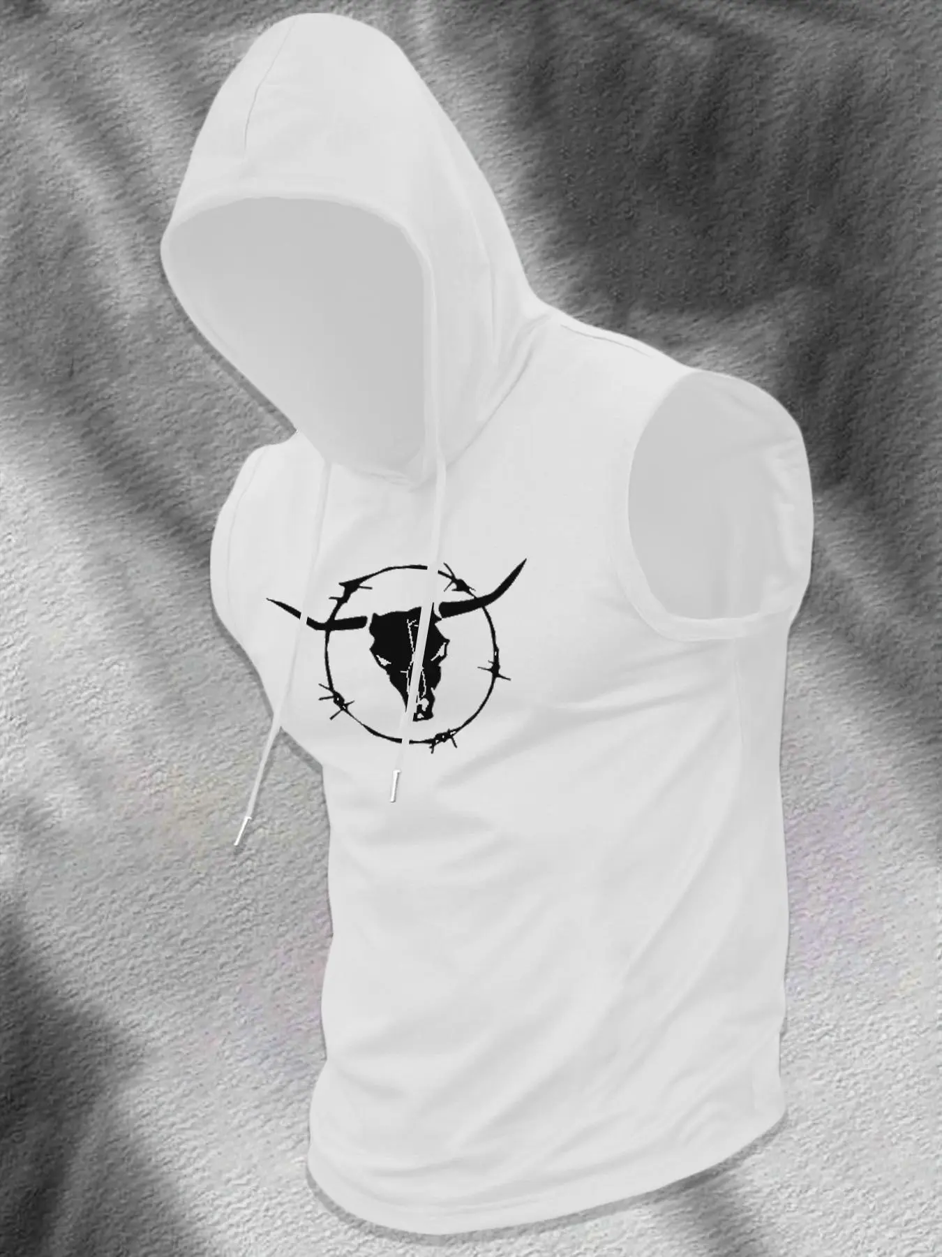 Men's Cartoon Bull Head Print Hooded Tank Top, Regular Fit Casual Breathable Quick Drying Sleeveless Top for Gym Workout Running, Men's Clothes for Summer
