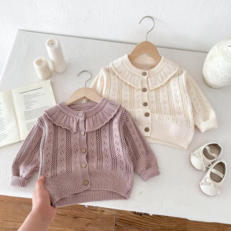 Product Introduction of Korean Baby Girl Autumn Hollow Out Sweater Cardigan Kids Fashion Cotton Ruffle Collar Knitted Jacket Spring Solid Outerwear Coat 28